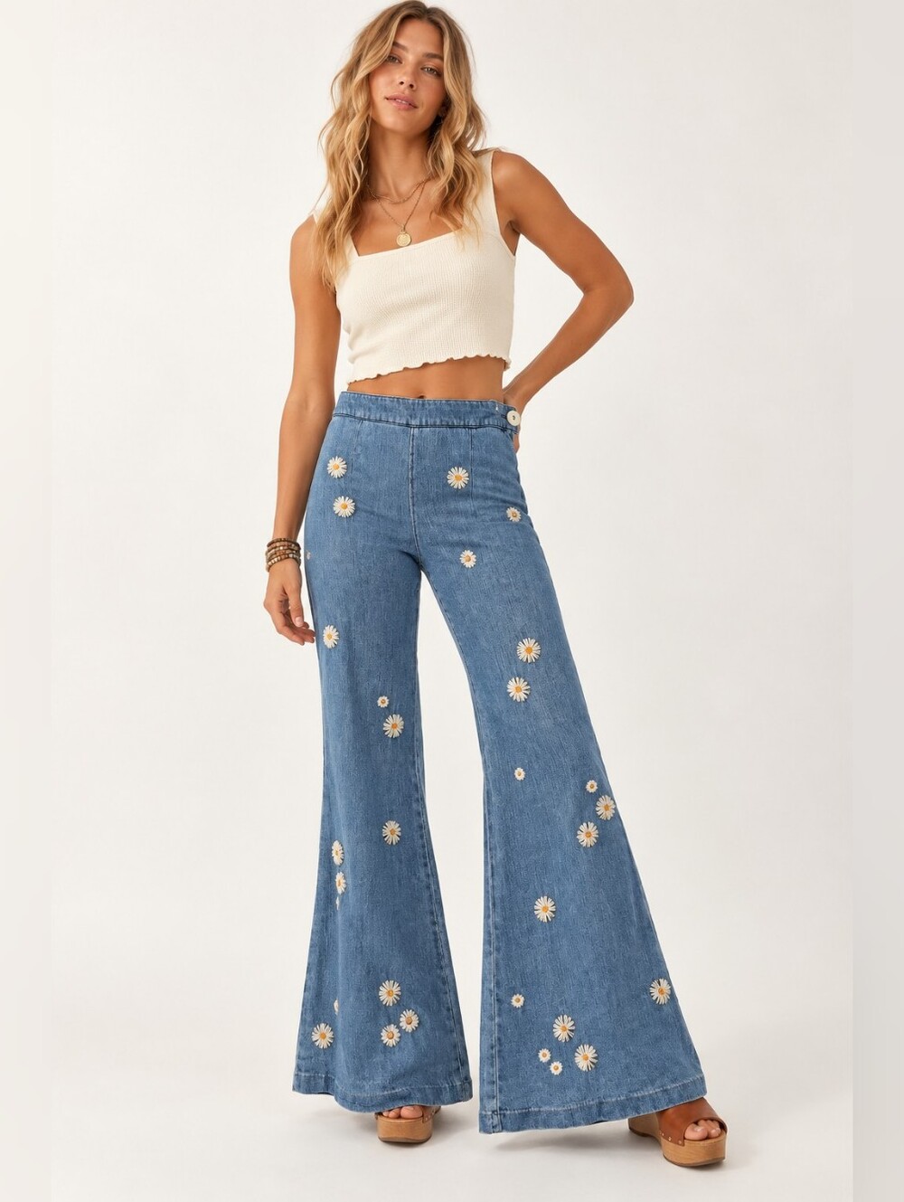 Free People We The Free Delphine Daisy Embroidered Flare Jeans 28 Boho